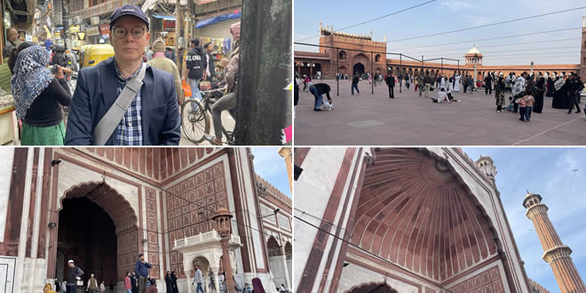 Immersion à Dariba Kalan, rue historique du XVIIe siècle nichée au cœur de Chandni Chowk, dans le Vieux Delhi. L’immense esplanade de la Jama Masjid, véritable lieu d’évasion suspendu au-dessus du tumulte de la cité. L’entrée de la salle de prière, bâtie en 1656. Son architecture allie le marbre blanc au grès rouge, un matériau et des formes inspirés du Rajasthan. Culminant à 40 mètres, le minaret est accessible par un escalier intérieur étroit de 121 marches.